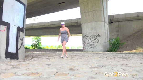 Solo girl Chloe Lamour takes an urgent piss underneath an overpass  - Public, Pissing, Upskirt, Chubby, Pussy, BBW, Curvy, Thick, Spreading, Outdoor  - Photo 2