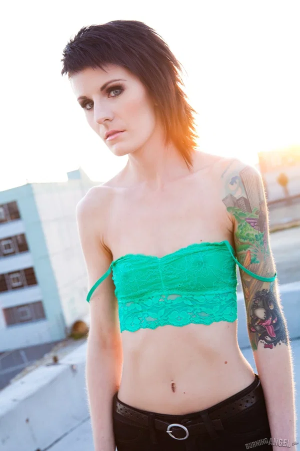 Skinny alt babe with tattooed body exposing tiny tits outdoors on rooftop  - Skinny, Nipples, Tiny Tits, Tattoo, Babe, Outdoor, Clothed, Jeans, Panties, Undressing  - Photo 5