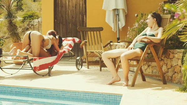 Lesbian girls have sex on a bed after foreplay action near a swimming pool  - Lesbian, Bikini, Pussy, Reality, Teen, Close Up, Humping, Pool, Tribbing, Pussy Licking  - Photo 3