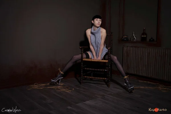 Solo girl Carmineworx is tied to a chair in a highly uncomfortable position  - BDSM, Clothed, Bondage, Stockings, High Heels, Nipples, Ass, Tattoo, Skirt, PAWG  - Photo 9