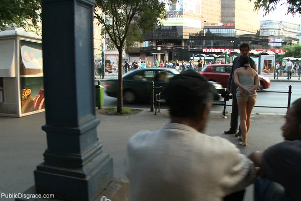 Amateur chick Lucy Bell is left handcuffed and naked on a public sidewalk  - Public, BDSM, Bondage, Outdoor, Ass, Skirt, Natural Tits, Non Nude, Upskirt, Clothed  - Photo 9