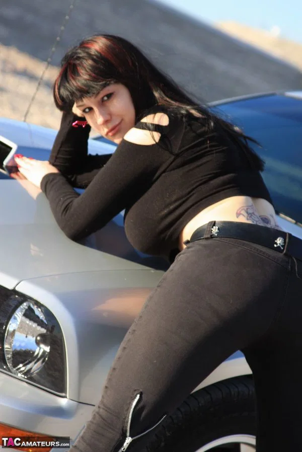 Brunette amateur Susy Rocks models by a muscle car during a safe for work gig  - Outdoor, Tall, Ass, Amateur, PAWG, Beautiful, Solo, Brunette, Non Nude  - Photo 8