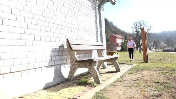 Solo girl Naomi Bennet pisses on a public bench in the middle of the day  - Pissing, Public, Czech, Pussy, Glasses, Outdoor, Blonde, Spreading, Close Up, Babe  - Photo 1