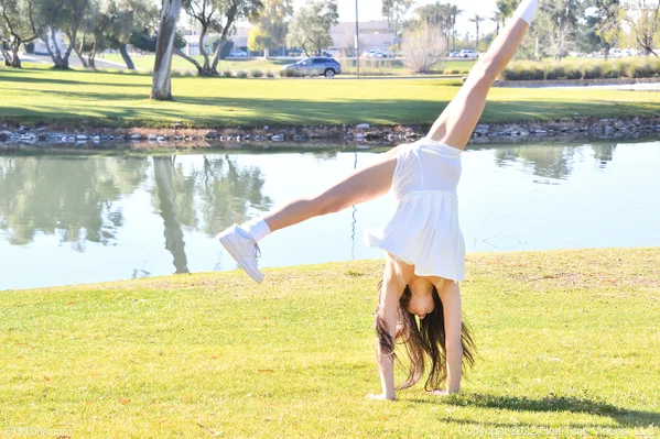 Brunette amateur Dakota does a cartwheel in a park before getting naked  - Tiny Tits, Flexible, Pussy, Public, Beautiful, Ass, Amateur, Upskirt, Feet, Shaved  - Photo 4