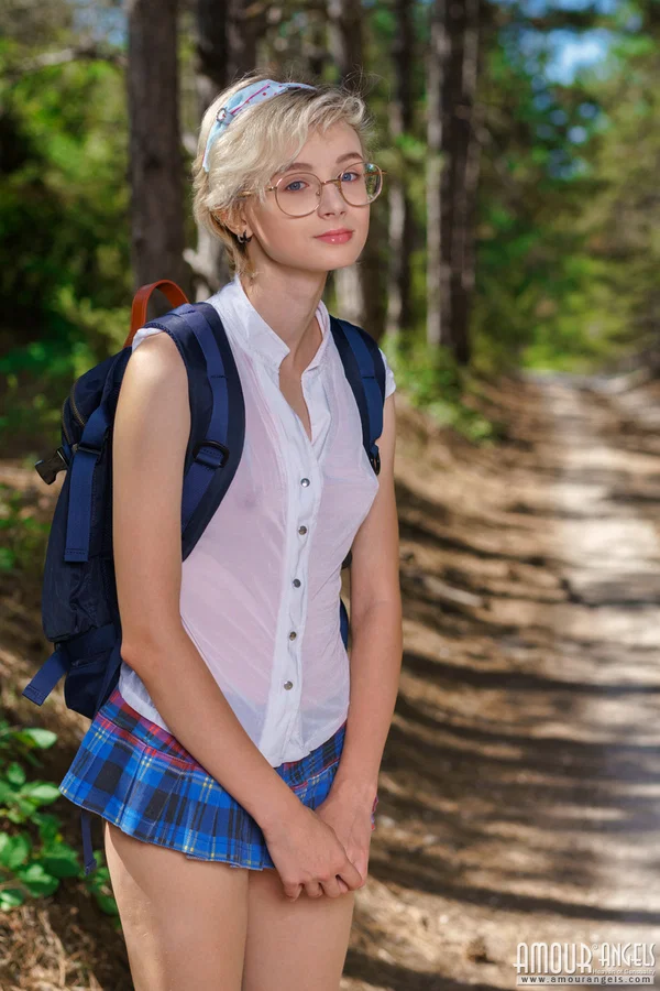 Young looking girl Azshara strips off school clothes on a dirt road in woods  - Schoolgirl, Beautiful, Short Hair, Glasses, Teen, Amateur, Blonde, Clothed, Outdoor, Upskirt  - Photo 13