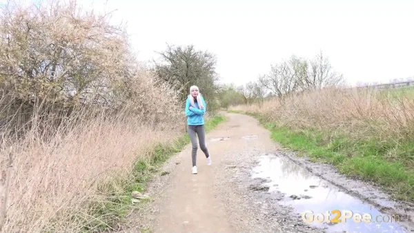 Blonde girl Mistica pees in a puddle on a dirt road through the countryside  - Pissing, Public, Jeans, Pussy, Hairy, Outdoor, Spreading, Close Up, Ass, PAWG  - Photo 14