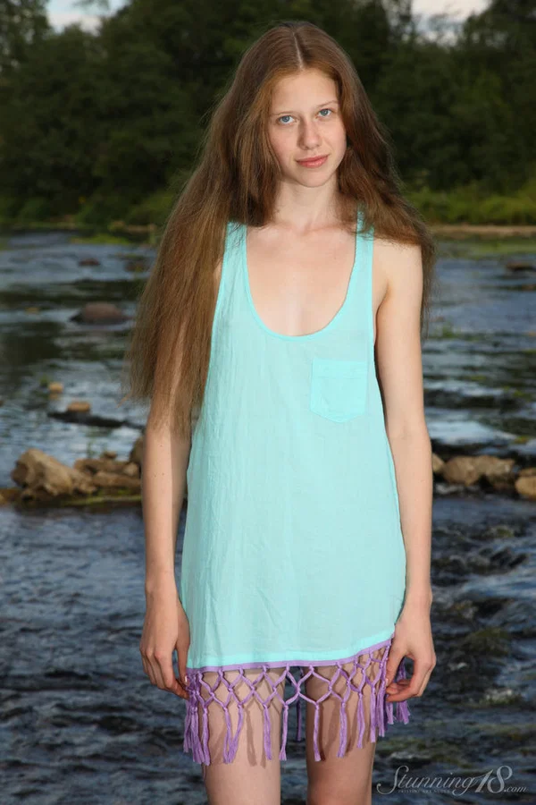 Barely legal girl with long red hair gets totally naked in a brook  - Teen, Wet, Outdoor, Piercing, Legs, Model, Tiny Tits, Skirt, Nipples, Beautiful  - Photo 1