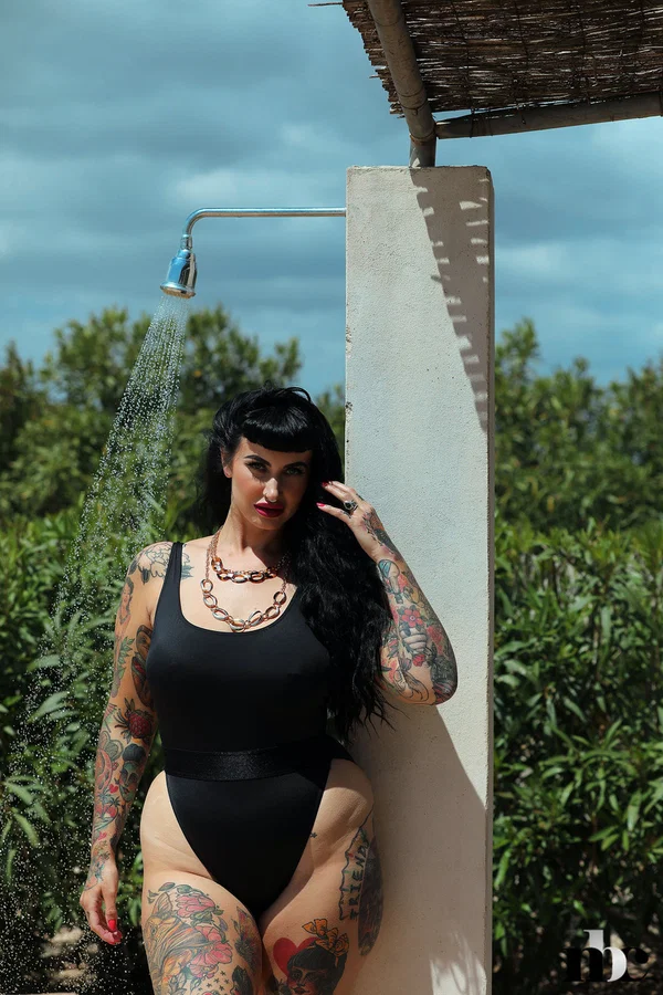 Chubby babe Cherrie Pie shows off her tattooed naked body outdoors  - Curvy, Tattoo, Shower, BBW, Chubby, Thick, Wet, Outdoor, Sexy, Big Tits  - Photo 1