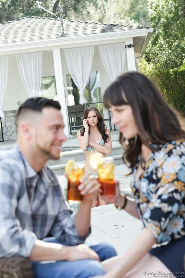 Busty MILF Dana DeArmond flirts with GF's man flaunting long legs & cleavage  - Reality, Outdoor, MILF, Pornstar, Threesome, Mature, Teen, Bikini, High Heels, Legs  - Photo 1