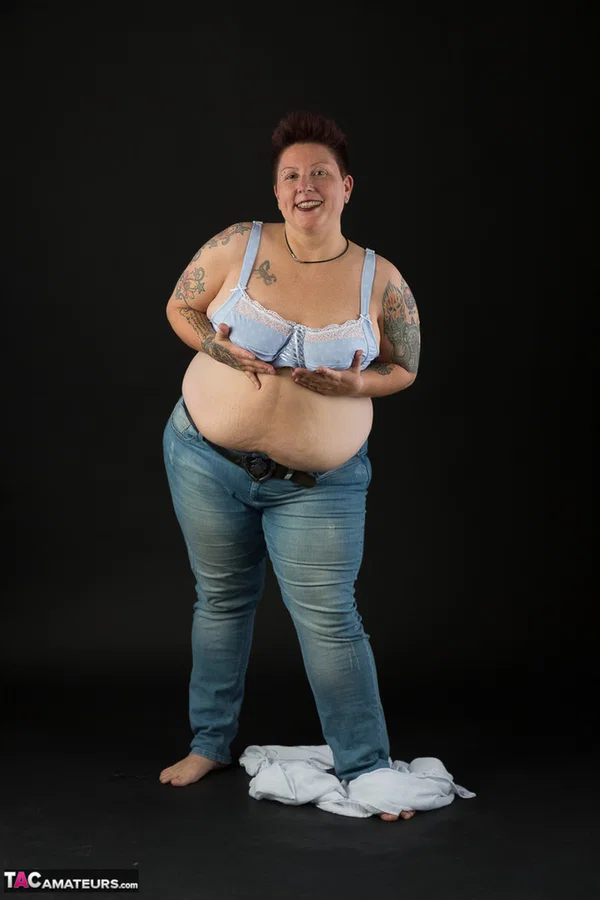 Fat amateur Tattoo Girl cups her boobs after taking off her clothes  - BBW, Mature, Amateur, Tattoo, Lingerie, Jeans, Panties, Brunette, Chubby, Short Hair  - Photo 6