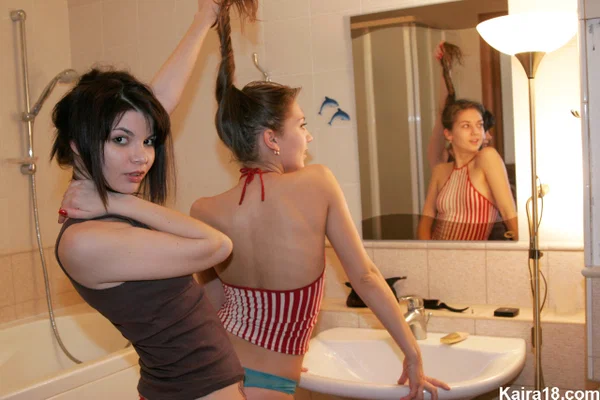 Barely legal girls Kaira 18 & Ellen go topless in underwear in the bathroom  - Bath, Lesbian, Teen, Skinny, Panties, Spanking, Legs, Czech, Ass, Spreading  - Photo 6