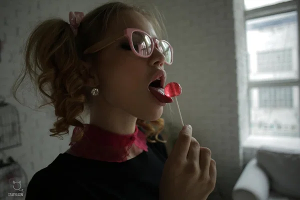 Adorable blonde teen BendyQ licks a lollipop and shows her incredible boobs  - Pigtails, Glasses, Panties, Teen, Model, European, Glamour, Beautiful, Skinny, Babe  - Photo 10