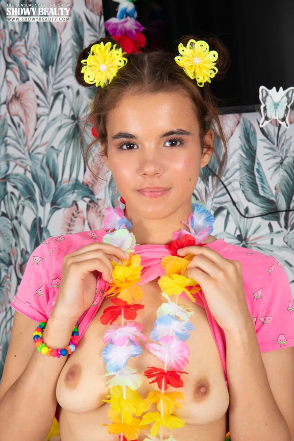 Brunette teen Midia gets naked in over the knee socks and a Hawaiian lei  - Socks, Ass, Shaved, Nipples, Skirt, Clothed, Asshole, Brunette, PAWG, Tiny Tits  - Photo 8