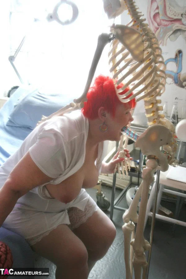 Older redheaded BBW Valgasmic Exposed has sexual relations with a skeleton  - SSBBW, Mature, Chubby, Curvy, Thick, BBW, Ass, Amateur, Redhead, Stockings  - Photo 13