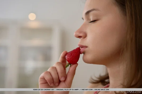 Young girl Yenn Cat gets totally naked while eating strawberries in a kitchen  - Teen, Natural Tits, Cute, Kitchen, Skirt, Tiny Tits, Clothed, Pussy, Glamour, Beautiful  - Photo 2