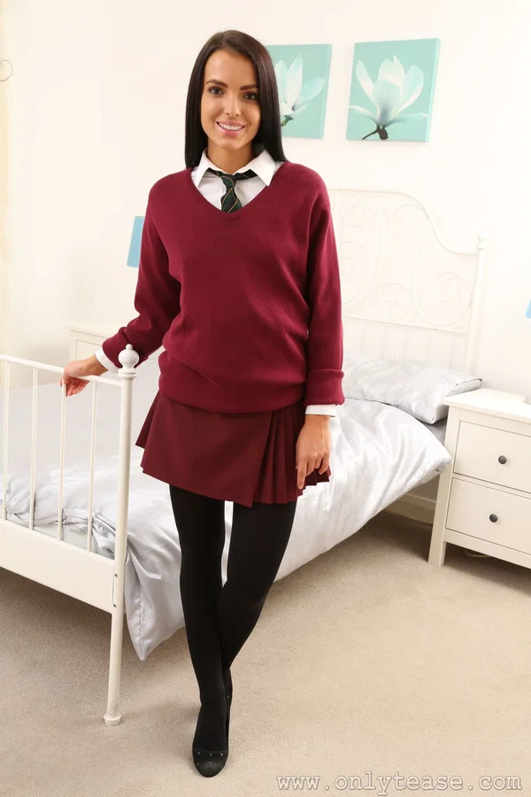 Beautiful schoolgirl Sapphira doffs her uniform and teases with her titties  - Beautiful, Non Nude, Babe, Stockings, Legs, Schoolgirl, Short Hair, Spreading, Solo  - Photo 1