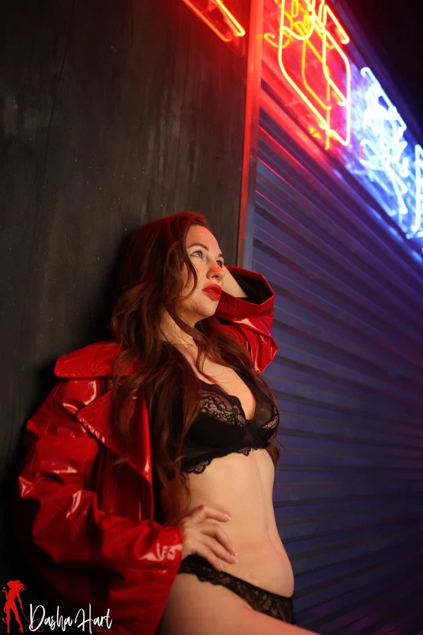 Solo girl Dasha Hart poses in her underthings while draped in a latex coat  - Latex, Lingerie, Panties, Redhead, Amateur, High Heels, Non Nude, Legs  - Photo 12
