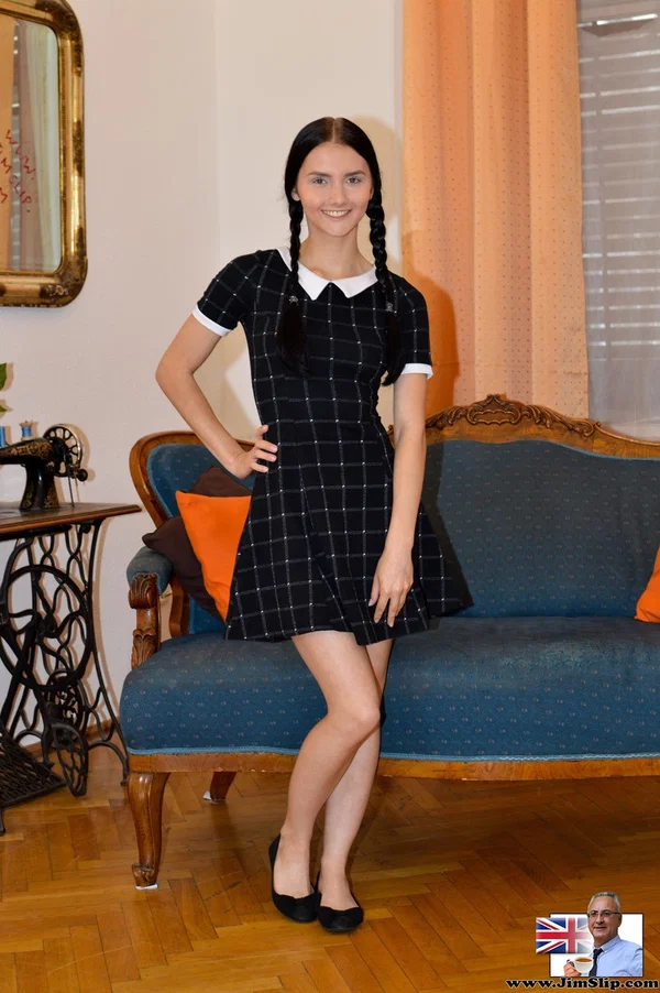 Pigtailed Crystal Greenvelle hikes her skirt to reveal shaved teen pussy  - Pigtails, Schoolgirl, Teen, Old Man, Undressing, Cute, Uniform, European, Brunette, Pussy  - Photo 2