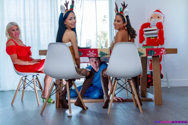 Latina girls have a threesome with a boy at Christmas  - Cosplay, Party, Teen, Latina, Petite, Christmas, Natural Tits, Threesome, Big Tits, Tattoo  - Photo 2