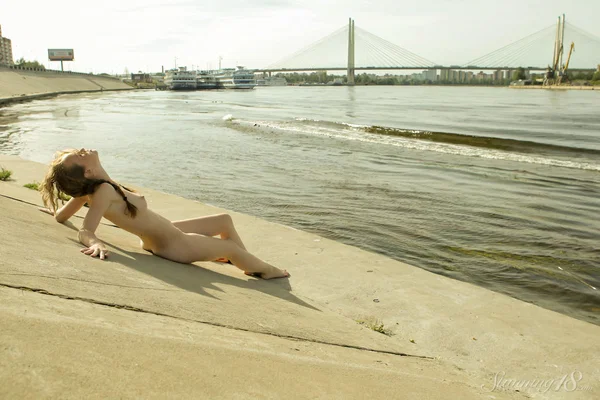 Charming teen Vega tugs on her pigtails before going nude next to the water  - Upskirt, Teen, Outdoor, Pigtails, Pussy, Clothed, Tiny Tits, PAWG, Skirt, Close Up  - Photo 11