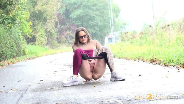 White girl Barbe takes a much needed piss on a paved road  - Pissing, Public, Spreading, Pussy, Redhead, Czech, Outdoor, Glasses, Close Up, Ass  - Photo 3