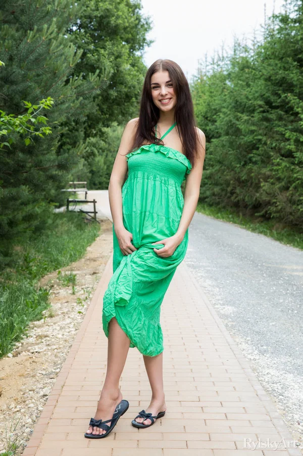 Sweet teen Evita Lima sets her great body free of a long dress on a sidewalk  - Beautiful, Natural Tits, Outdoor, Skirt, Tiny Tits, Clothed, Ass, Model, Legs, Spreading  - Photo 1