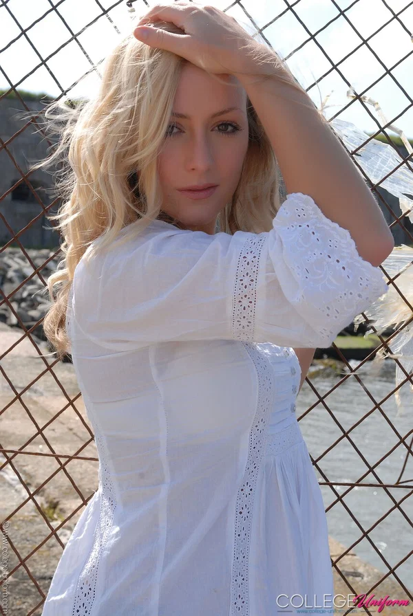 Cute blonde babe Alana Chase posing in her gorgeous outfit outdoors  - College, Schoolgirl, Uniform  - Photo 10