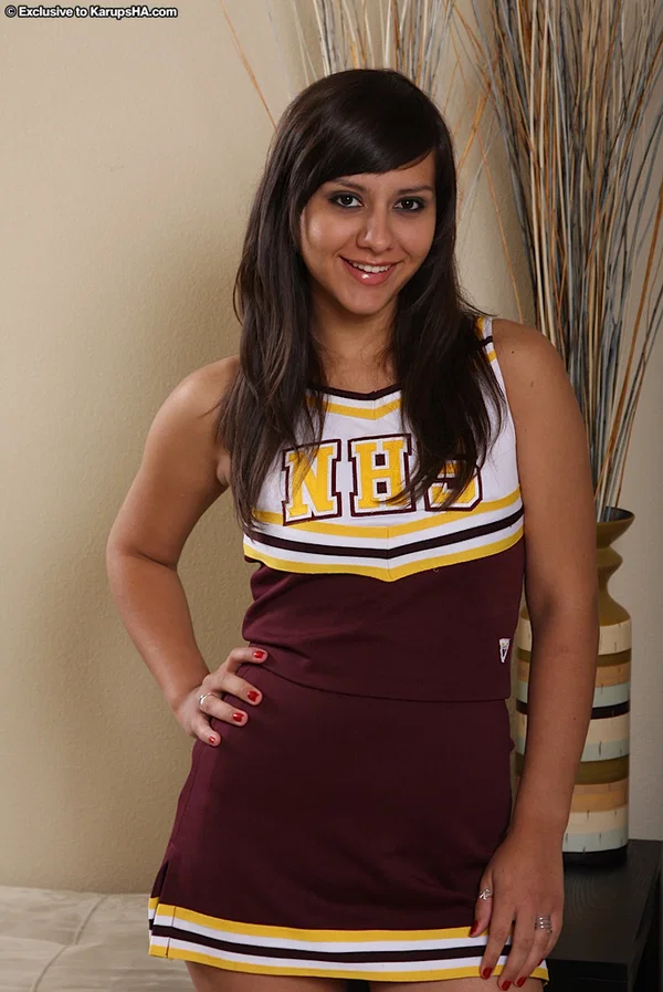 Stunning cheerleader Alana Leigh unveils her natural tits & tasty shaved pussy  - Cheerleader, Spreading, Solo, Panties, Uniform, Skirt, Masturbation, Big Tits, Upskirt, Shaved  - Photo 1