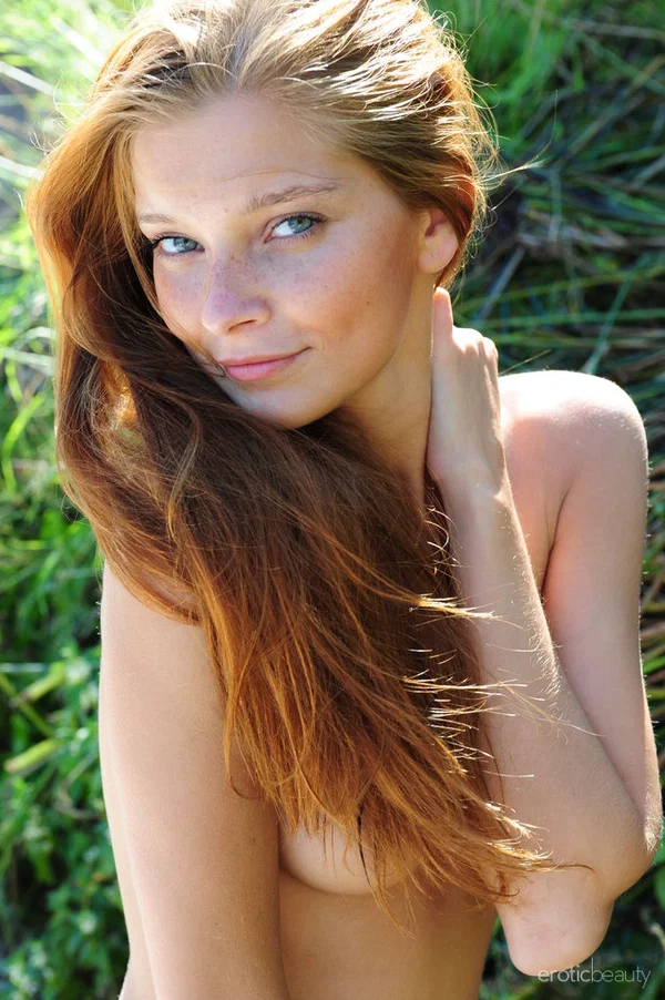 Solo girl takes off her short to pose nude where a stream runs into a river  - Shaved, Outdoor, European, Big Tits, Babe, Redhead, Legs, Glamour, Ass, Model  - Photo 14