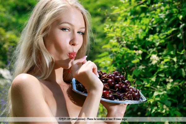 Gorgeous blonde teen Xana D poses nude with a plate of cherries  - Teen, Beautiful, Model, Blonde, Pussy, Babe, Outdoor, Tiny Tits, Nipples, Ass  - Photo 3