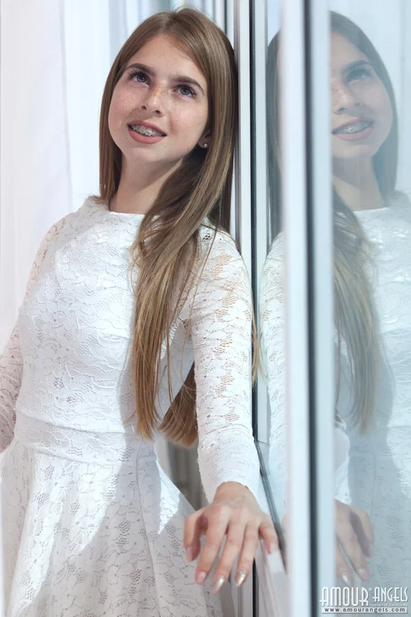 Young looking girl Rina takes off her pretty dress to model totally naked  - Braces, Skinny, Teen, Amateur, Skirt, Clothed, Spreading, Pussy, Ass, Shaved  - Photo 4