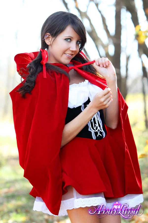 Sweet teen Andi Land frees her tits and twat from a Red Riding Hood outfit  - Cosplay, Pigtails, Undressing, Panties, Skirt, Amateur, Beautiful, Outdoor, Clothed, Skinny  - Photo 7