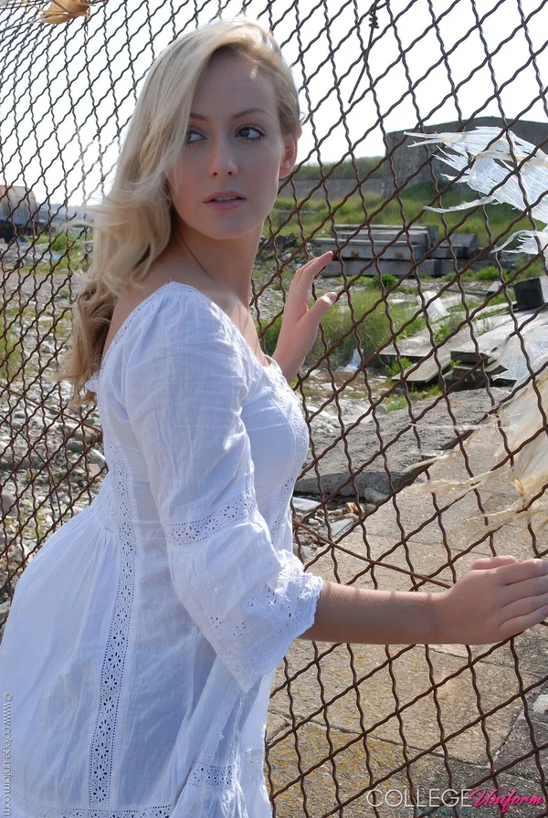 Cute blonde babe Alana Chase posing in her gorgeous outfit outdoors  - College, Schoolgirl, Uniform  - Photo 6