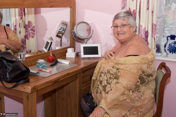Short haired senior citizen works her tits and pussy free of lingerie  - Granny, Saggy Tits, Glasses, Chubby, BBW, Amateur, Curvy, Lingerie, Thick, Short Hair  - Photo 1