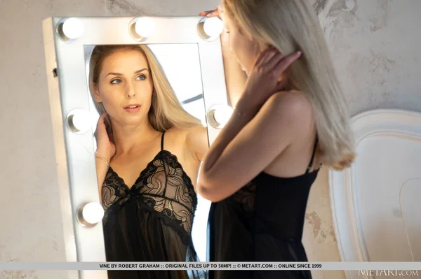 Young blonde Vine dons stockings before removing black lingerie afore a mirror  - Lingerie, Stockings, Skirt, Skinny, Babe, Ass, Tiny Tits, Pussy, Feet, Spreading  - Photo 2