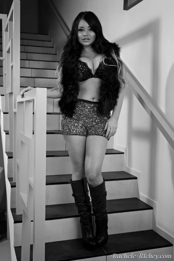 Teen Rachele Richey reveals her hot curves & poses in her boots on the stairs  - Pornstar, Babe, Boots, Big Tits, Fake Tits, Shorts, Lingerie, Spreading, Solo, Beautiful  - Photo 1