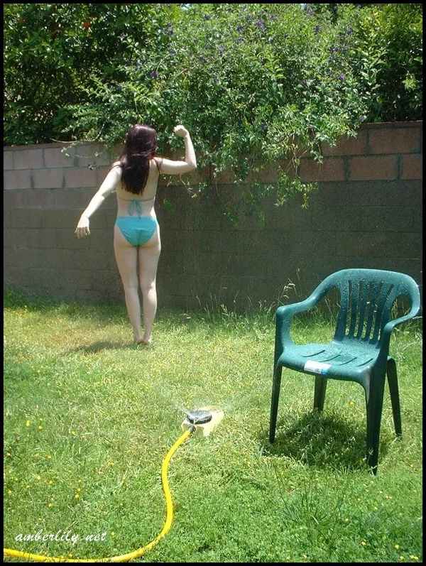 Pale chick Amber Lily exposes her ass while wetting herself with a garden hose  - Bikini, Non Nude, MILF, Ass, Amateur, Outdoor, Mature, Solo, PAWG, Babe  - Photo 12
