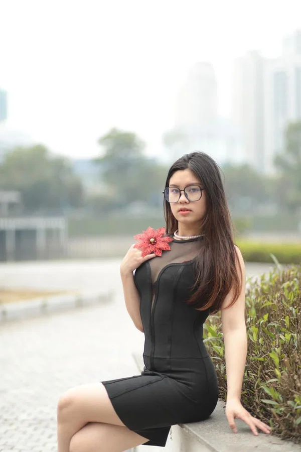 Smoking hot Asian babe Natalia posing in her tight black dress outside  - Asian, Glasses, Skirt, Clothed, Outdoor, Amateur, Babe, Beautiful, Solo, Brunette  - Photo 14