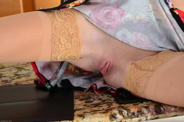 Sexy blonde Odette Delacroix strips naked & spreads her sweet pink pussy  - Upskirt, Beautiful, High Heels, Kitchen, Stockings, Spreading, Skirt, Pale, White, Blonde  - Photo 3