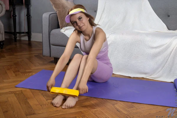 Skinny redhead Mari Mei gets completely naked on top of a yoga mat  - Sports, Redhead, Yoga Pants, Big Tits, Close Up, Shaved, Tattoo, Feet, Pussy, Babe  - Photo 2
