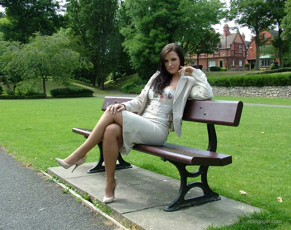 Clothed female exposes the tops of her back seam nylons at the park  - Fetish, High Heels, Clothed, Stockings, Legs, Outdoor, Skirt, Babe, Brunette, Beautiful  - Photo 2
