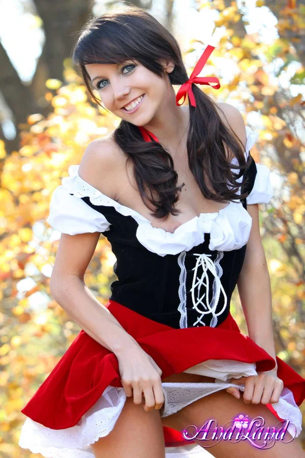 Sweet teen Andi Land frees her tits and twat from a Red Riding Hood outfit  - Cosplay, Pigtails, Undressing, Panties, Skirt, Amateur, Beautiful, Outdoor, Clothed, Skinny  - Photo 12