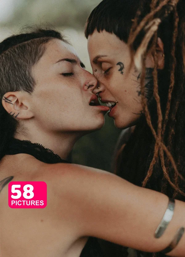 Body modifiers Em Valkyriz & Falloz move in close during lesbian play  - Fetish, Swingers, Tattoo, Bikini, Outdoor, Pigtails, Kissing  - Photo 1