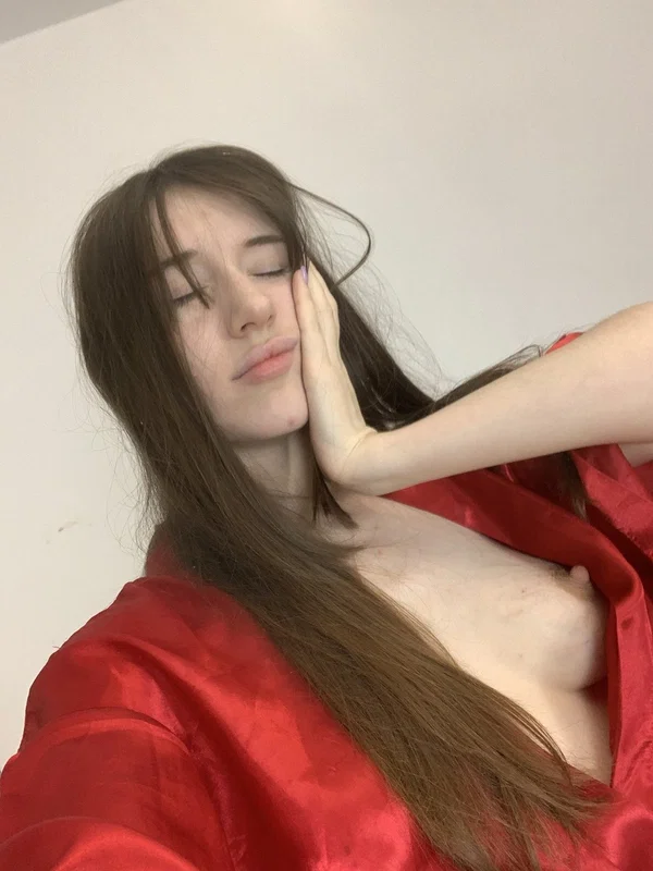 Pretty teen Lady Anika releases her firm breasts from a red satin robe  - Selfie, Amateur, Non Nude, Cute, Teen, Feet, Babe, Beautiful, Solo, Brunette  - Photo 1