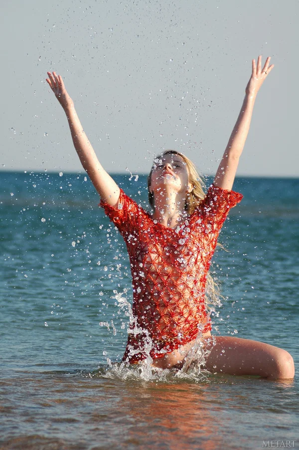Young girl plays in the surf before getting totally naked in a gold thong  - Beach, Teen, Cute, Outdoor, Wet, Pussy, Tiny Tits, Babe, Upskirt, Shaved  - Photo 3