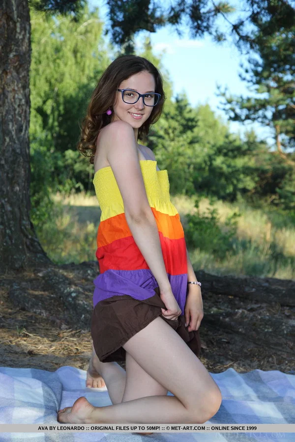 Nerdy brunette Ava keeps her glasses on while getting naked on picnic blanket  - Glasses, Outdoor, Teen, European, Spreading, Shaved, Pussy, Brunette, Tiny Tits, Babe  - Photo 2