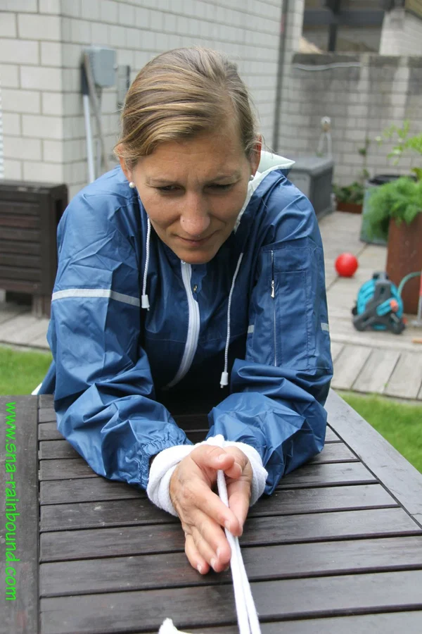 Caucasian woman is tied to a table in a yard with panties over her face  - Amateur, BDSM, Outdoor, Bondage, Non Nude, Clothed, Ass, PAWG  - Photo 4