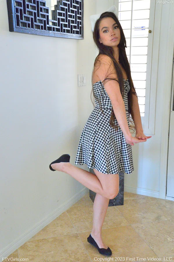 Brunette first timer Angelina parks her nice pussy upon a suction dildo  - Cosplay, Amateur, Upskirt, Babe, Beautiful, Skirt, Brunette, Panties, Solo, Glamour  - Photo 1