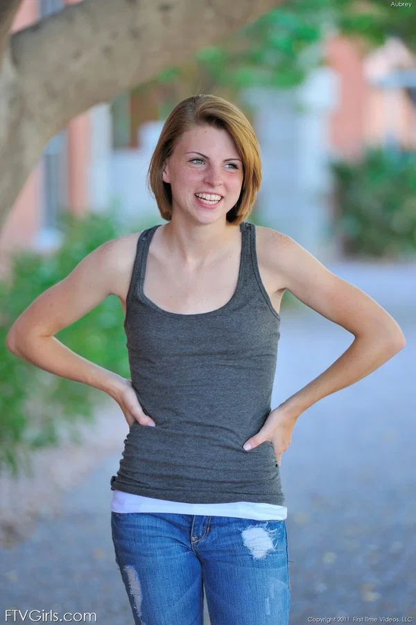 Redhead teen Aubrey shyly takes her time stripping off on the street  - Face, Teen, Cute, Tiny Tits, Outdoor, Skinny, Redhead, Babe, Jeans, Sandals  - Photo 3