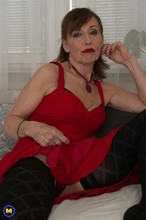 Mature lady Danny poses in her dress, stockings & panties & touches herself  - Mature, Upskirt, Short Hair, Skirt, Dress, Stockings, Amateur, Redhead, Clothed, Panties  - Photo 10